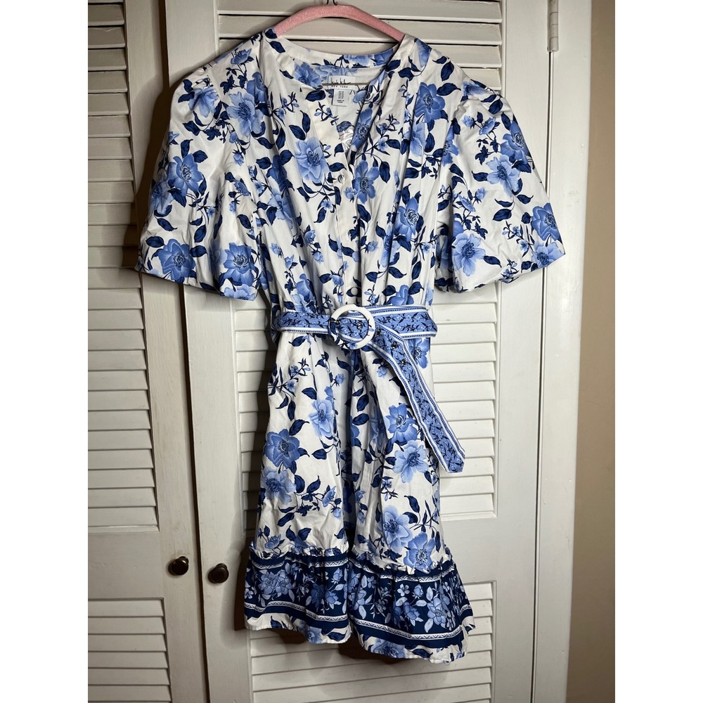 Nicole Miller New York Blue White Floral Belted Ruffle Hem Mini Dress 14 NWOT